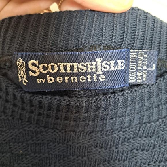 Scottish Isle Navy Blue Knit Golf Print Embroidered Oversized Sweater Size Large - Picture 4 of 5